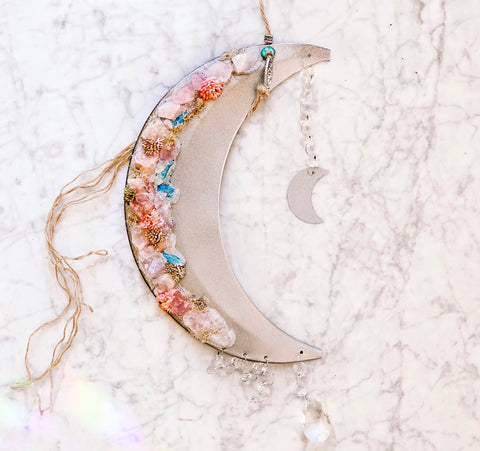 Mixed Crystal Crescent Moon Wall Hanging