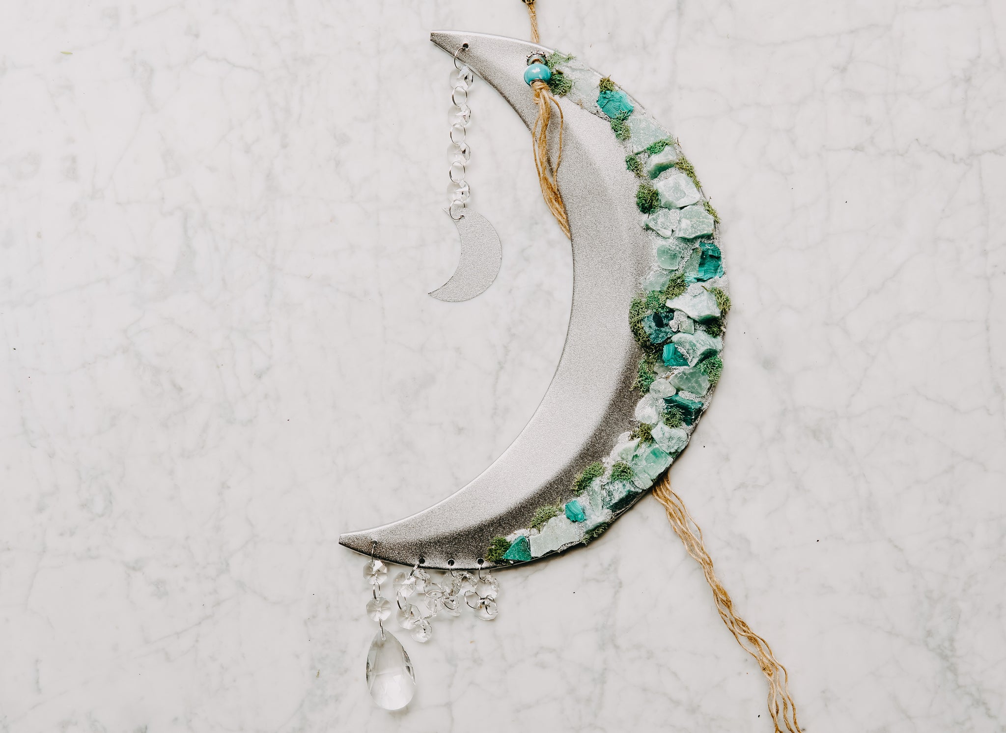 Raw Jade + Malachite Adorned Crescent Moon Wall Hanging