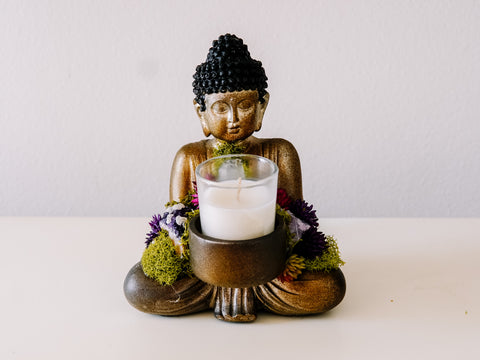 Sitting Buddha Candle Holder With Crystals and Faux Succulents